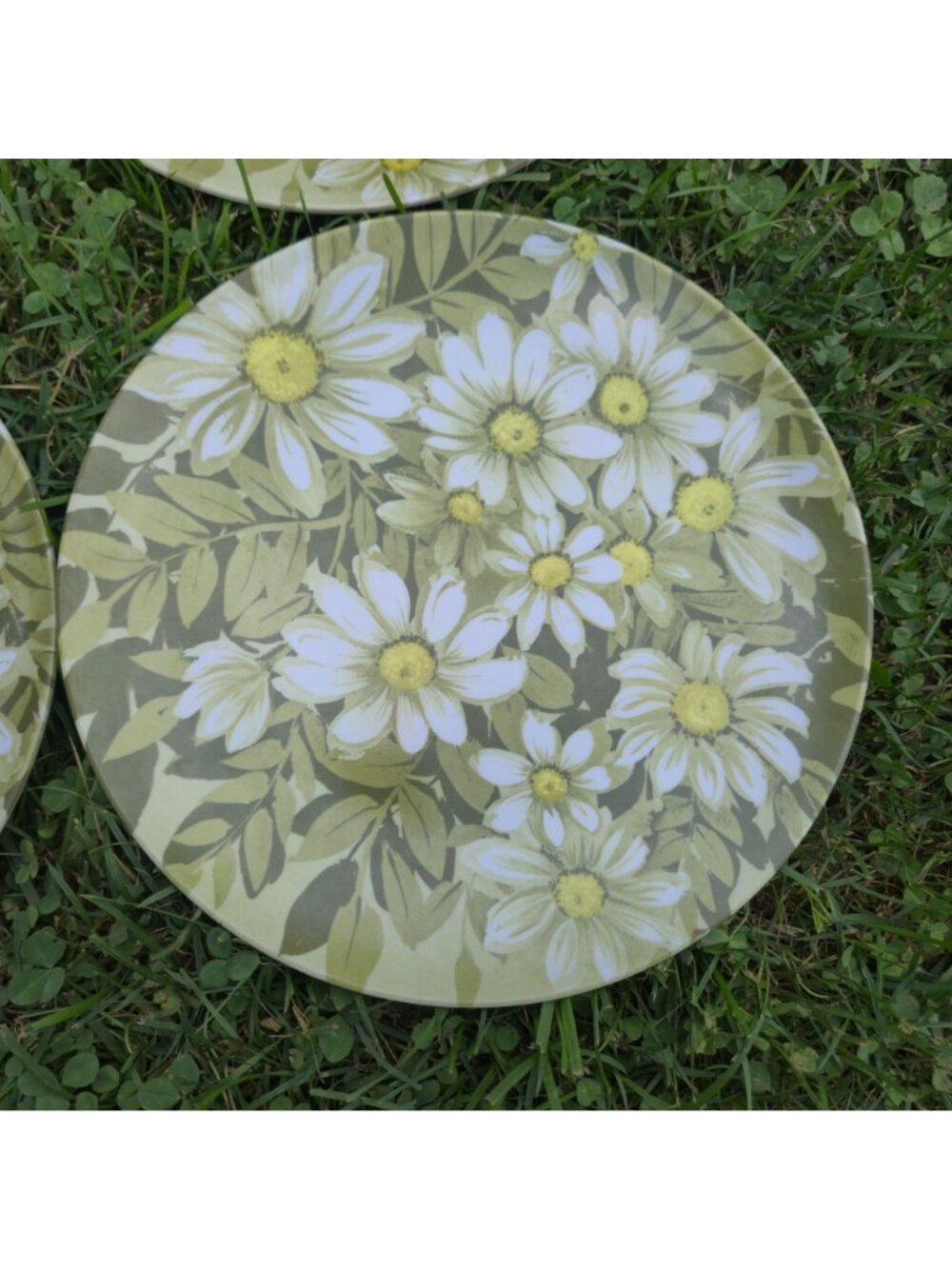 VTG 1970s Melamine Dinner Plates Beverly Prolon Olive Green White Daisy Floral - Picture 6 of 13